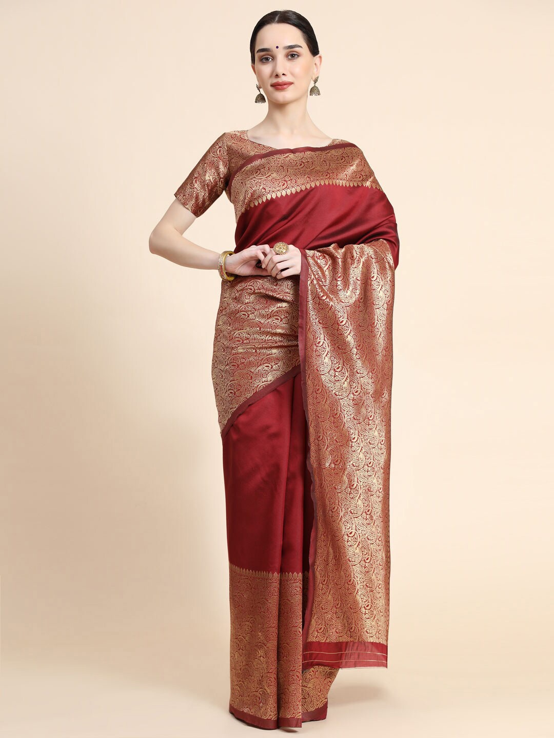 

REALLTREND Ethnic Motifs Zari Pure Silk Kanjeevaram Saree, Maroon