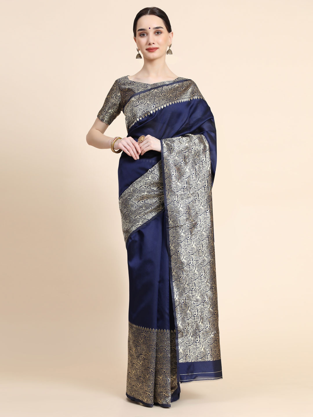 

REALLTREND Ethnic Motifs Woven Design Zari Pure Silk Kanjeevaram Saree, Blue