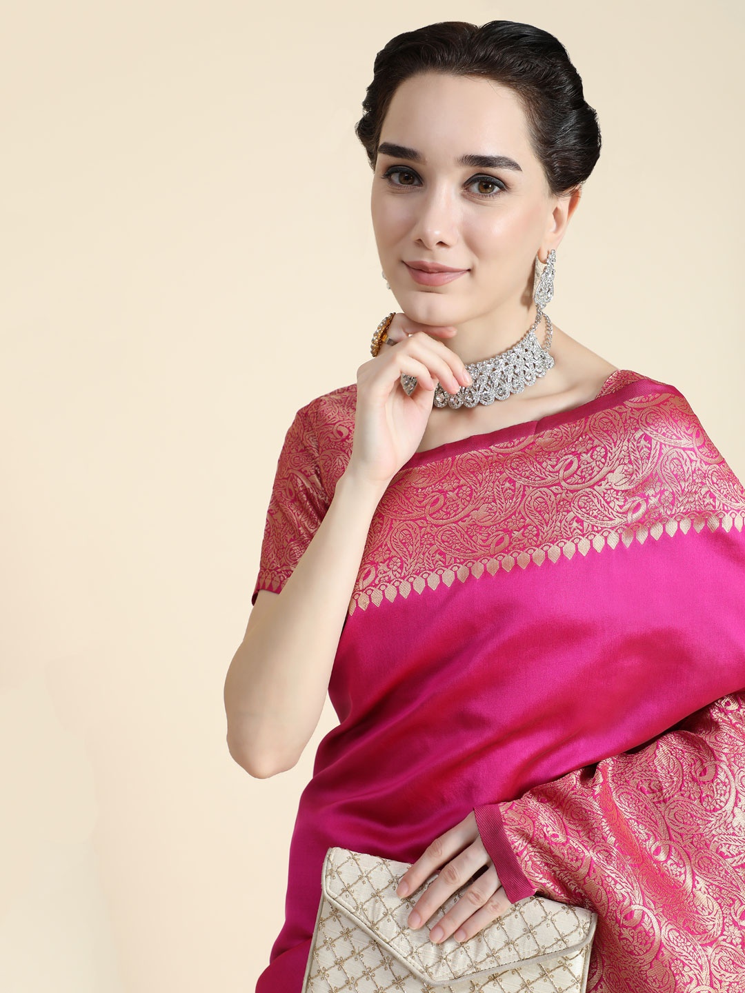 

REALLTREND Ethnic Motifs Woven Design Zari Pure Silk Kanjeevaram Saree, Pink