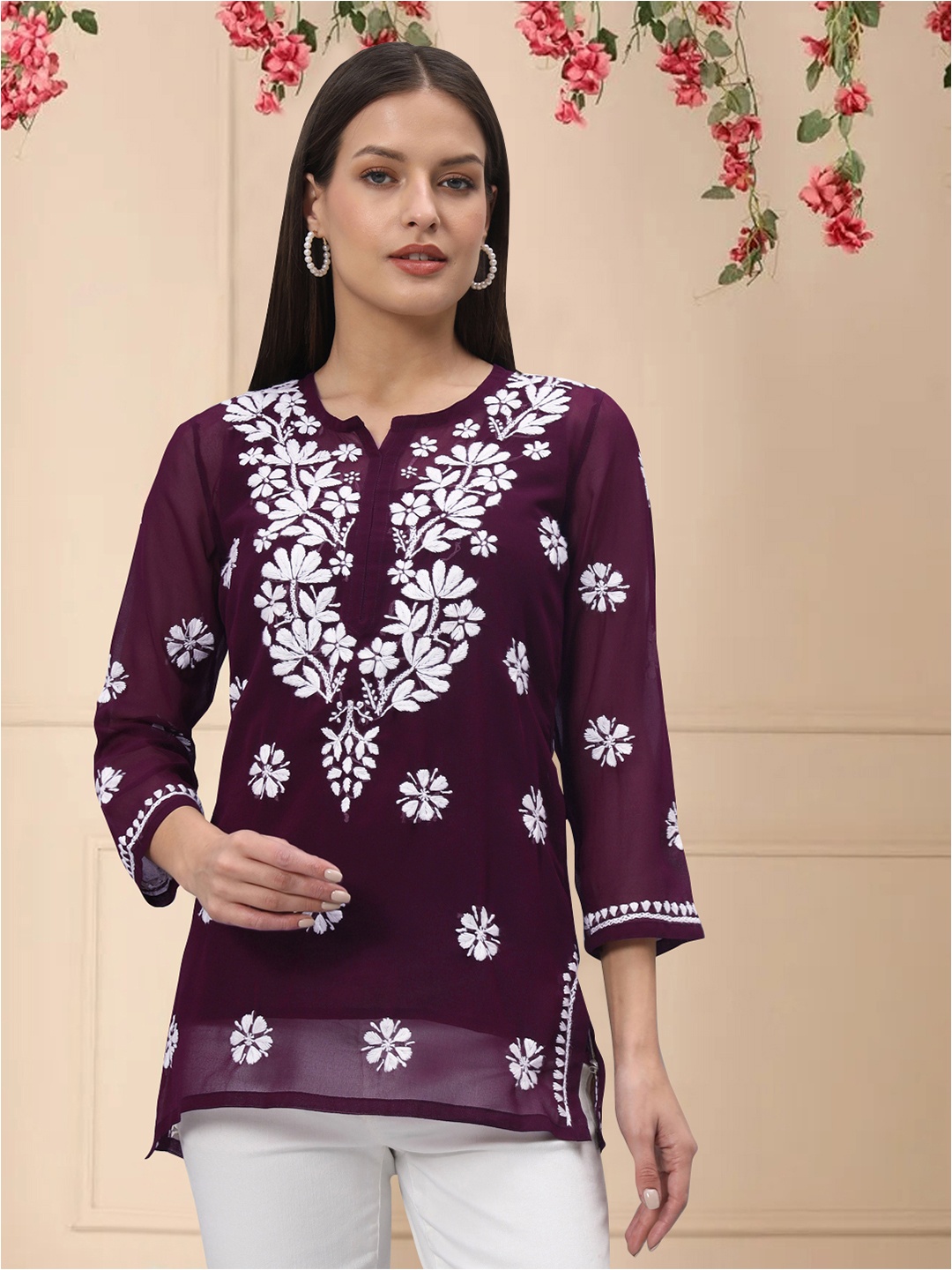 

PARAMOUNT CHIKAN Women Embroidered Lucknowi Chikankari Georgette Kurti, Burgundy