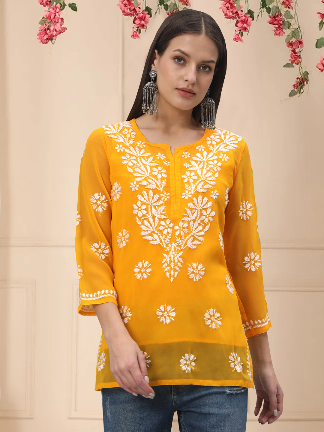 

PARAMOUNT CHIKAN Women Embroidered Lucknowi Chikankari Georgette Kurti, Yellow