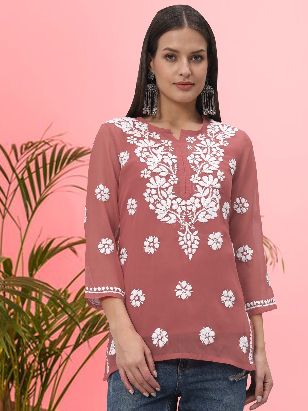 

PARAMOUNT CHIKAN Ethnic Motifs Embroidered Chikankari Kurti With Slip, Rust