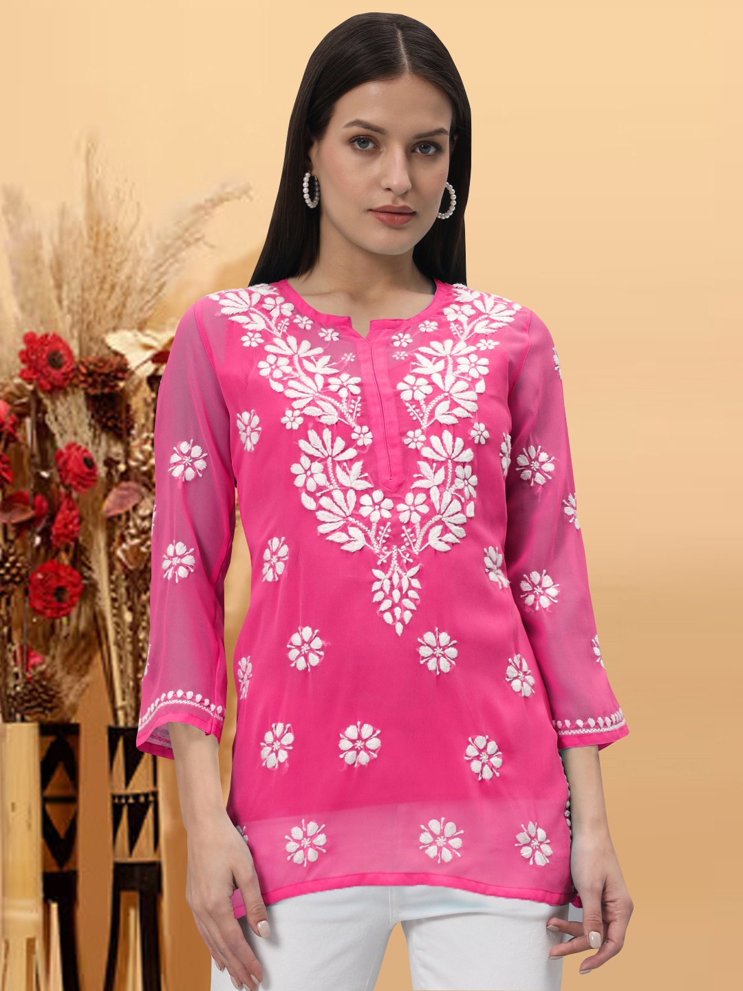 

PARAMOUNT CHIKAN Women Embroidered Lucknowi Chikankari Georgette Kurti, Pink