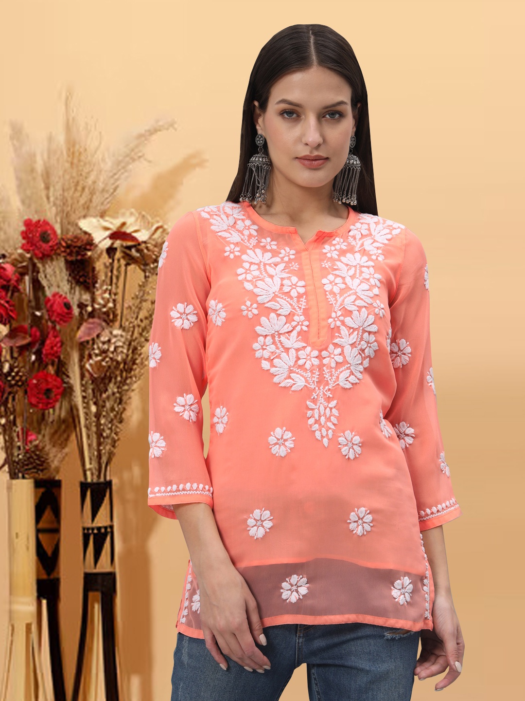 

PARAMOUNT CHIKAN Women Embroidered Lucknowi Chikankari Georgette Kurti, Orange