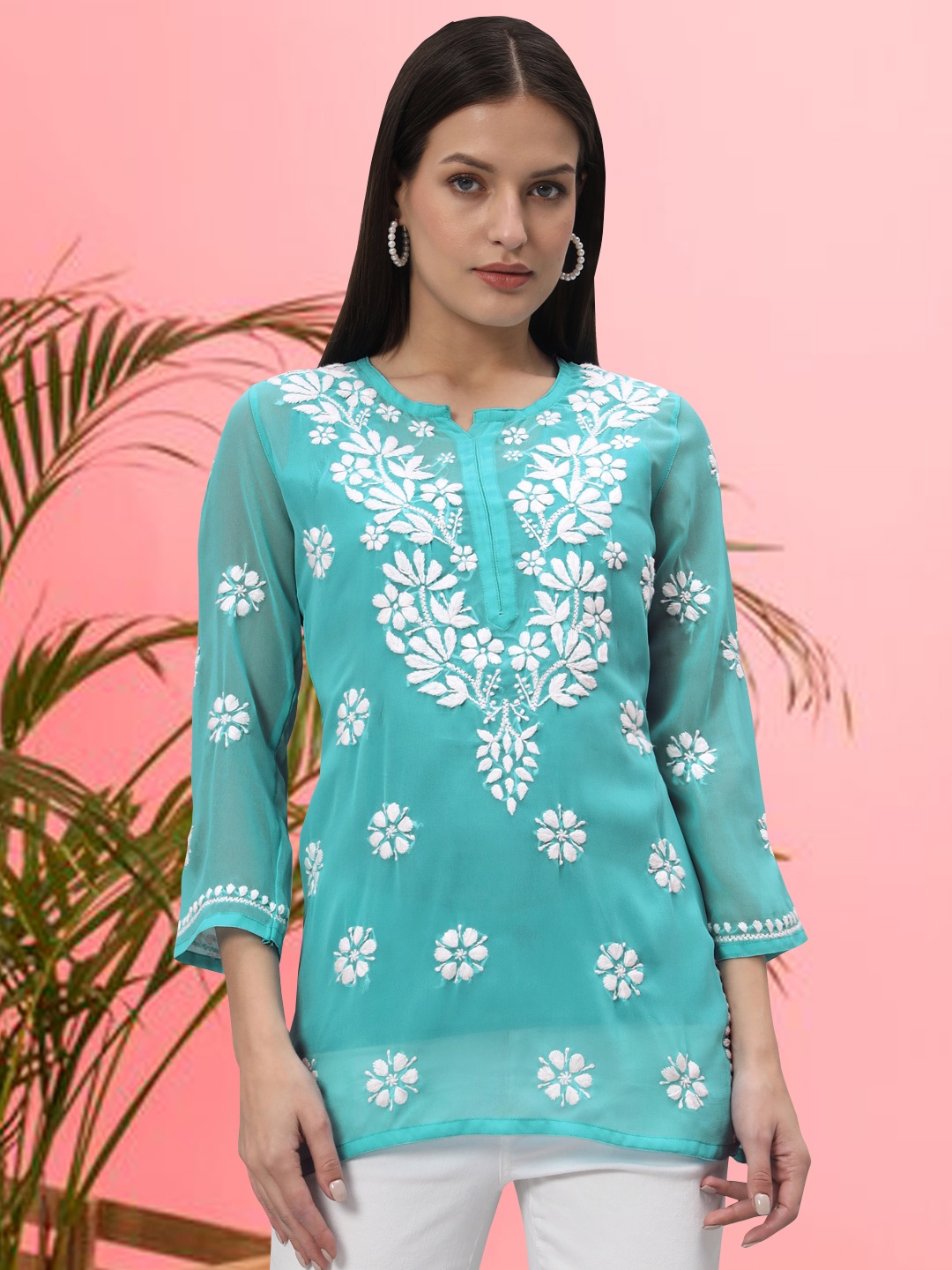 

PARAMOUNT CHIKAN Women Embroidered Lucknowi Chikankari Georgette Kurti, Sea green