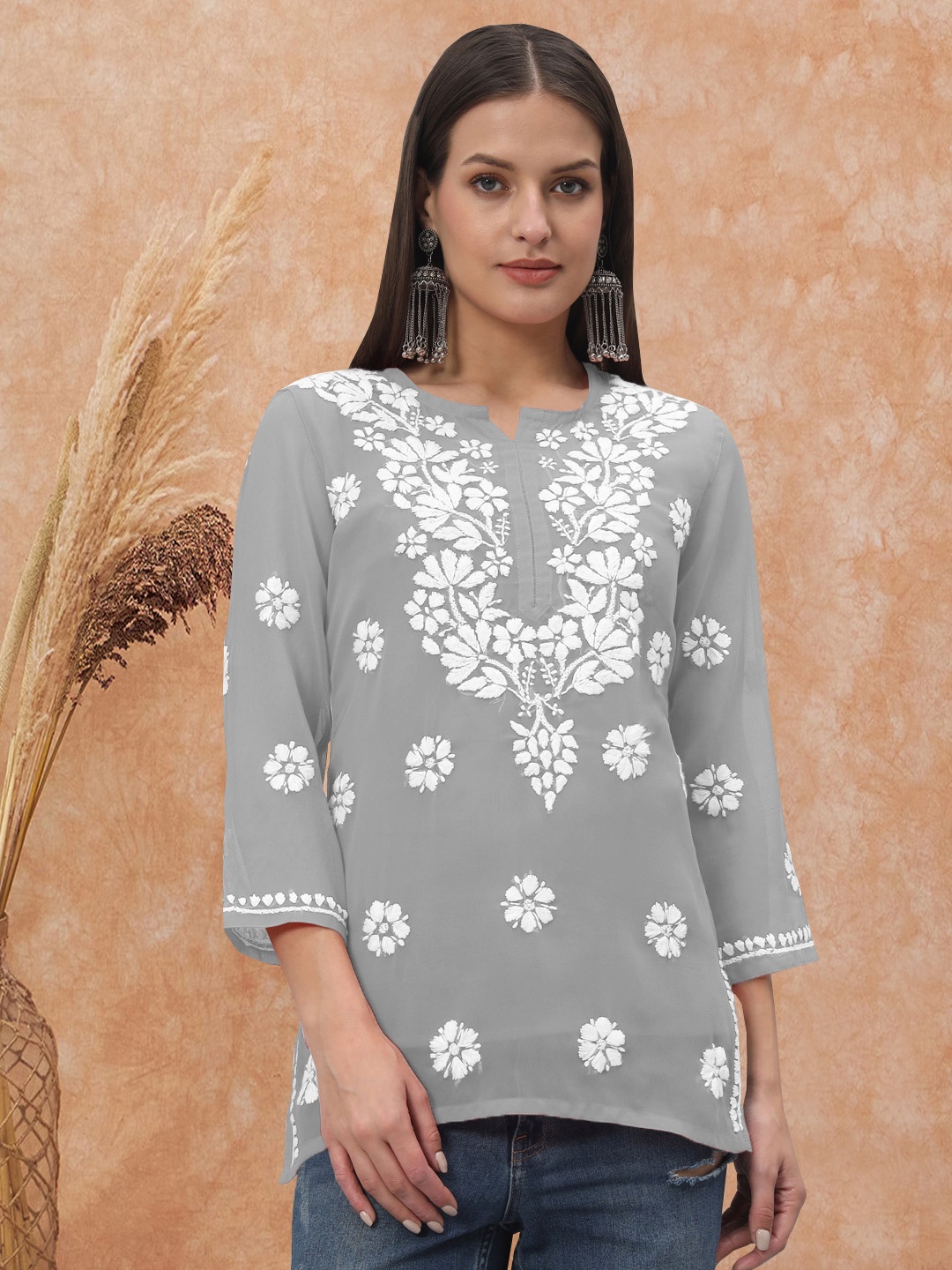 

PARAMOUNT CHIKAN Women Embroidered Lucknowi Chikankari Georgette Kurti, Grey