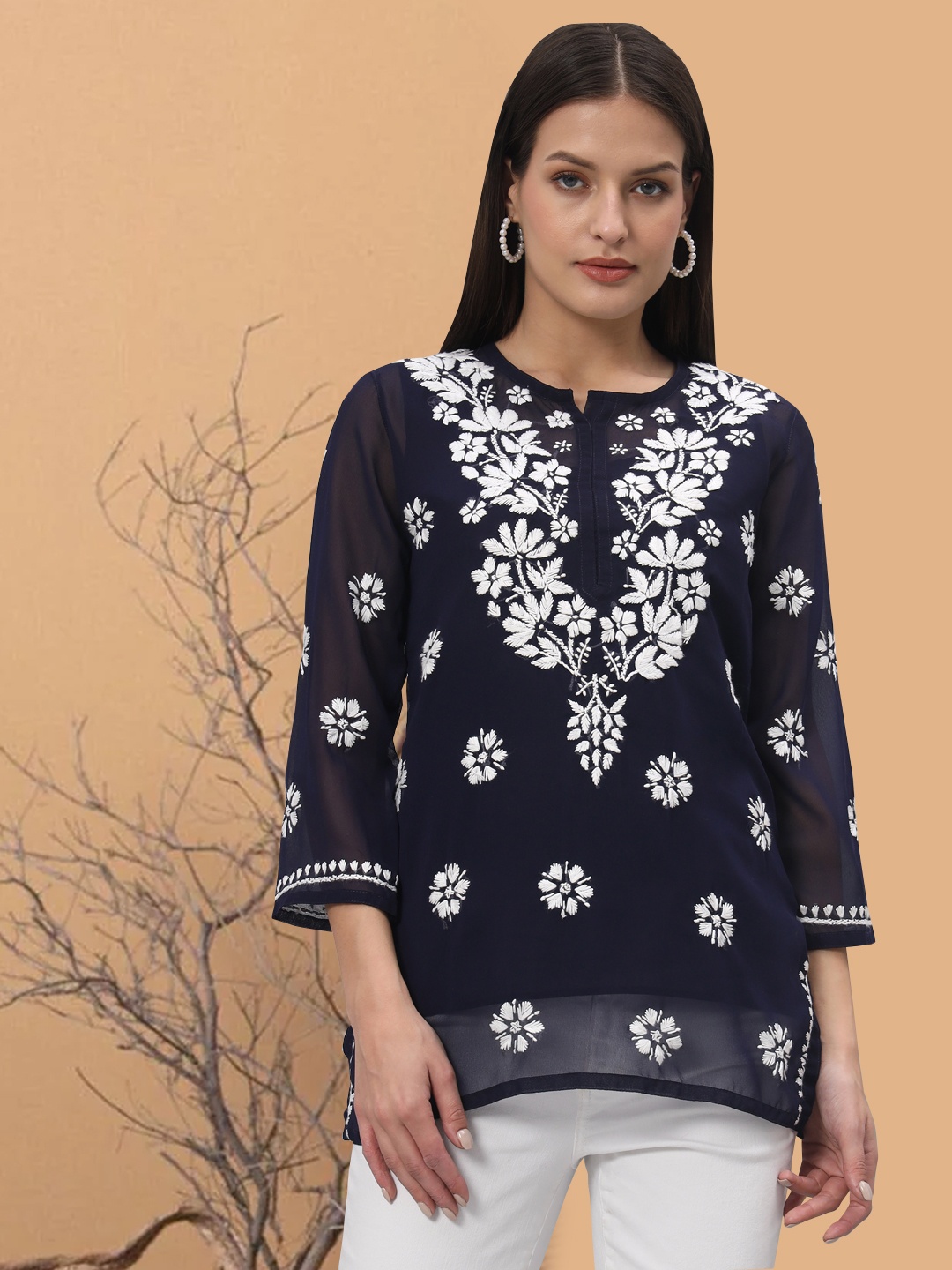

PARAMOUNT CHIKAN Women Embroidered Lucknowi Chikankari Georgette Kurti, Navy blue