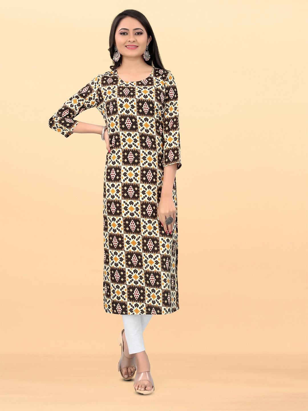PYARI - A style for every story Geometric Printed Straight Kurta, Brown