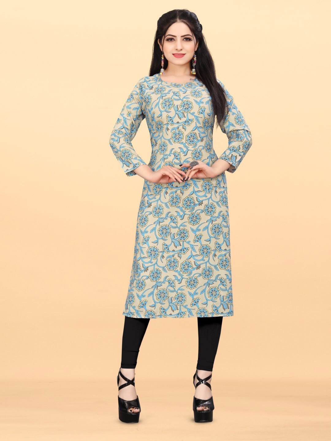 

PYARI - A style for every story Floral Printed Round Neck Straight Kurta, Blue