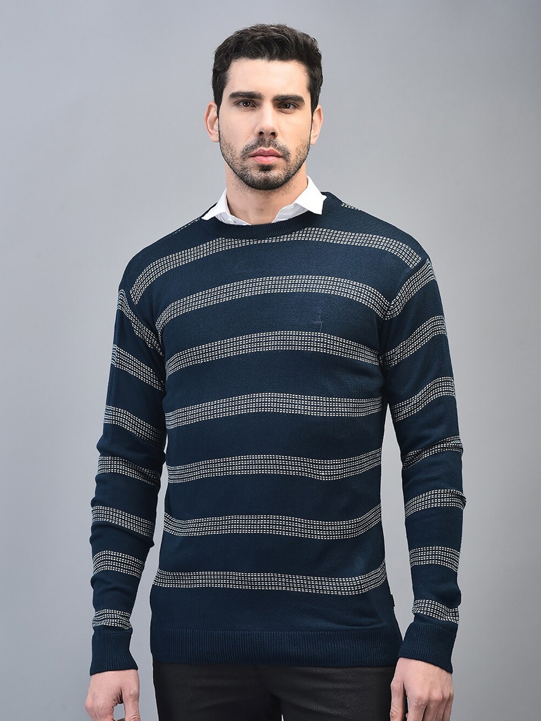 

CANOE Striped Round Neck Pullover Sweater, Blue