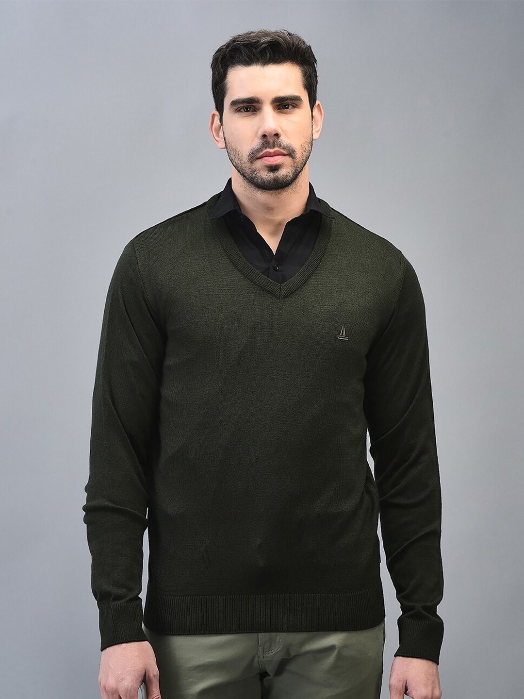 

CANOE Pullover V-Neck Ribbed Sweaters, Brown
