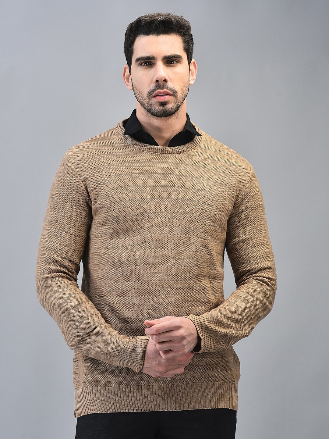 

CANOE Striped Round Neck Long Sleeves Pullover, Beige