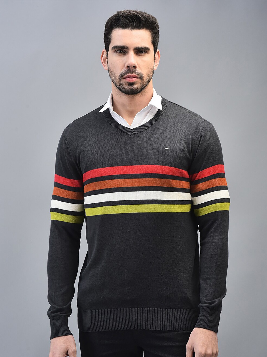 

CANOE Striped Cotton Round Neck Pullover Sweaters, Grey