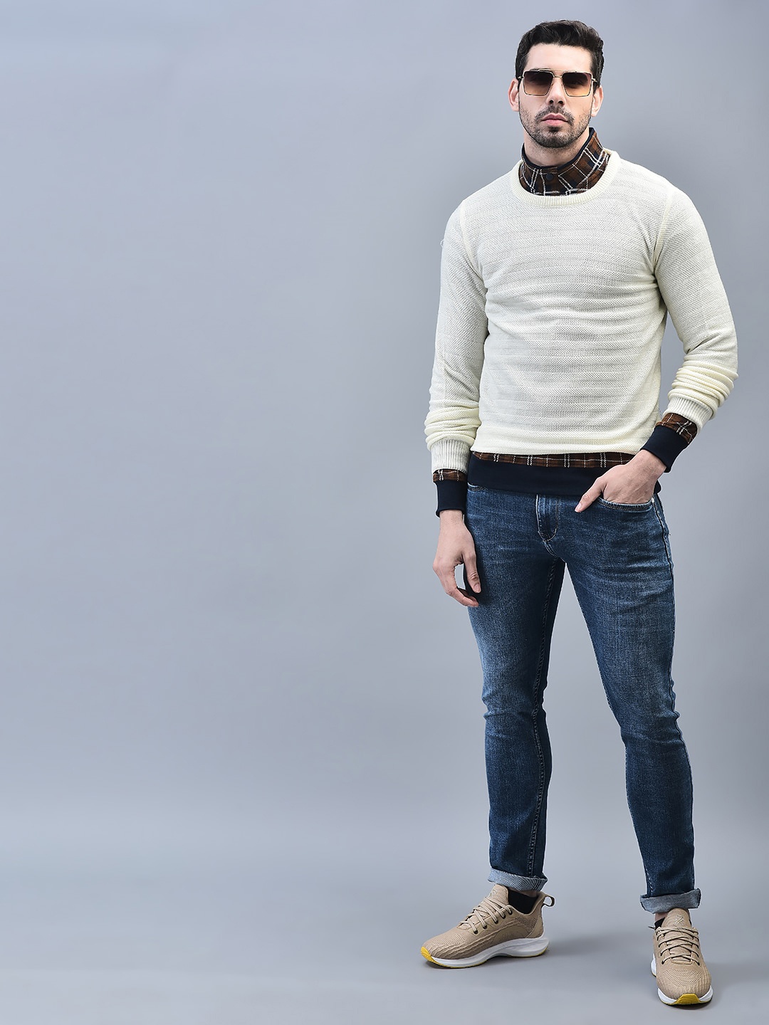 

CANOE Striped Round Neck Long Sleeves Pullover, Off white