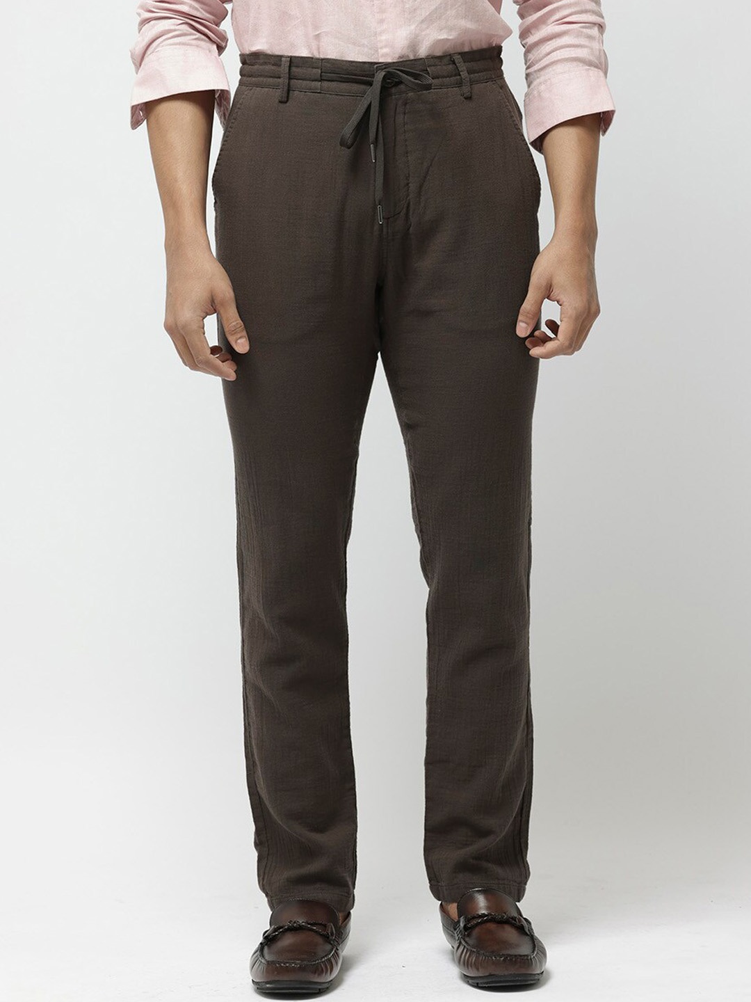 

RARE RABBIT Men Pastor-2 Drawstring Mid-Rise Cotton Formal Trouser, Brown