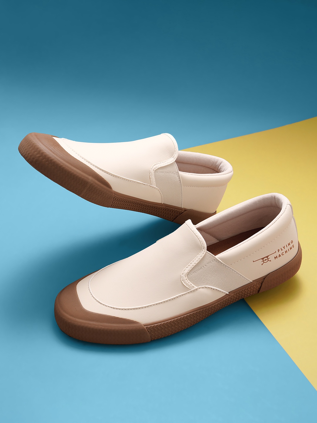 

Flying Machine Men Textured Comfort Insole Contrast Sole Slip-On Sneakers, Beige