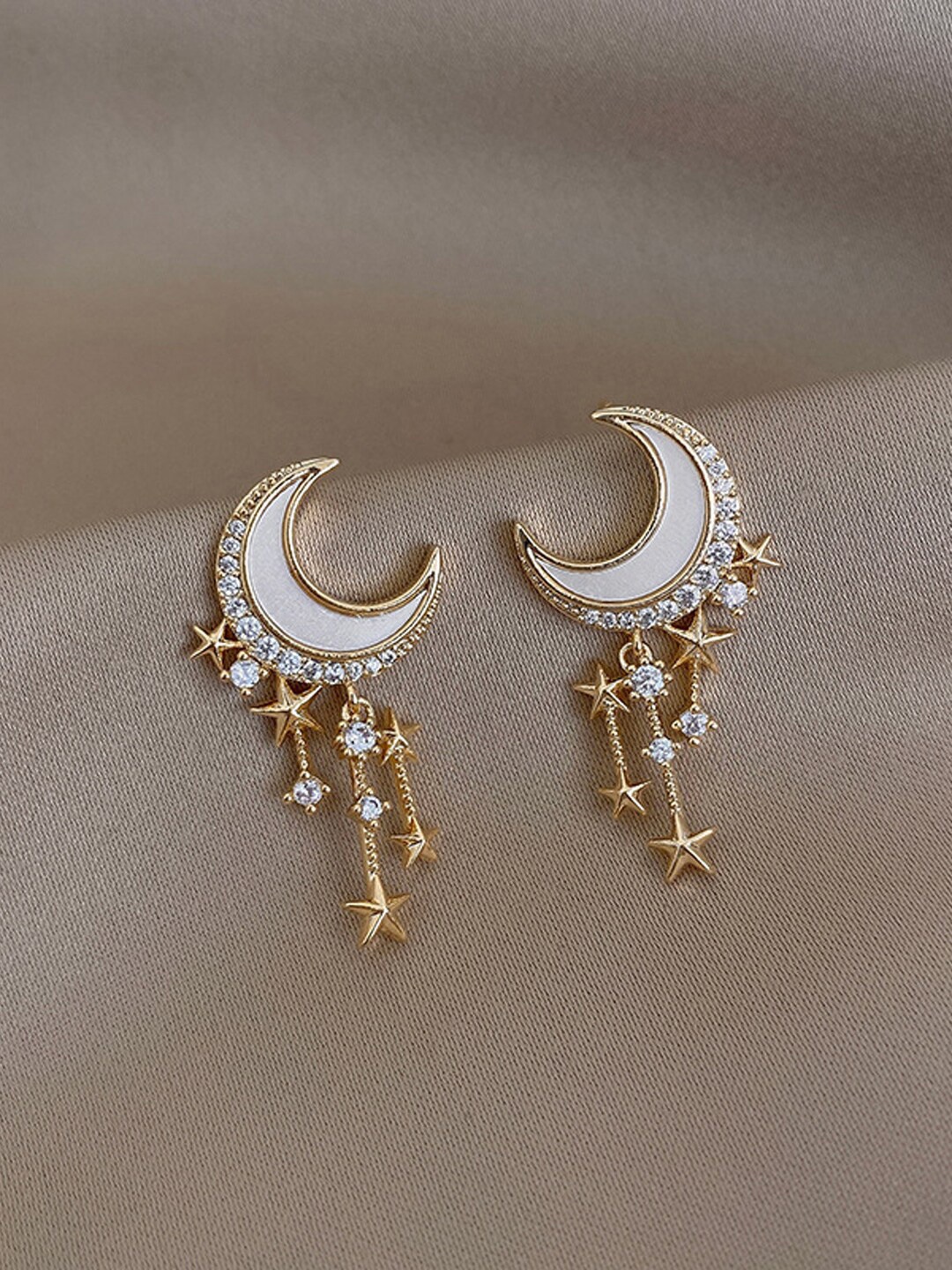 

FIMBUL Gold-Plated Stones Studded Crescent Shaped Drop Earrings
