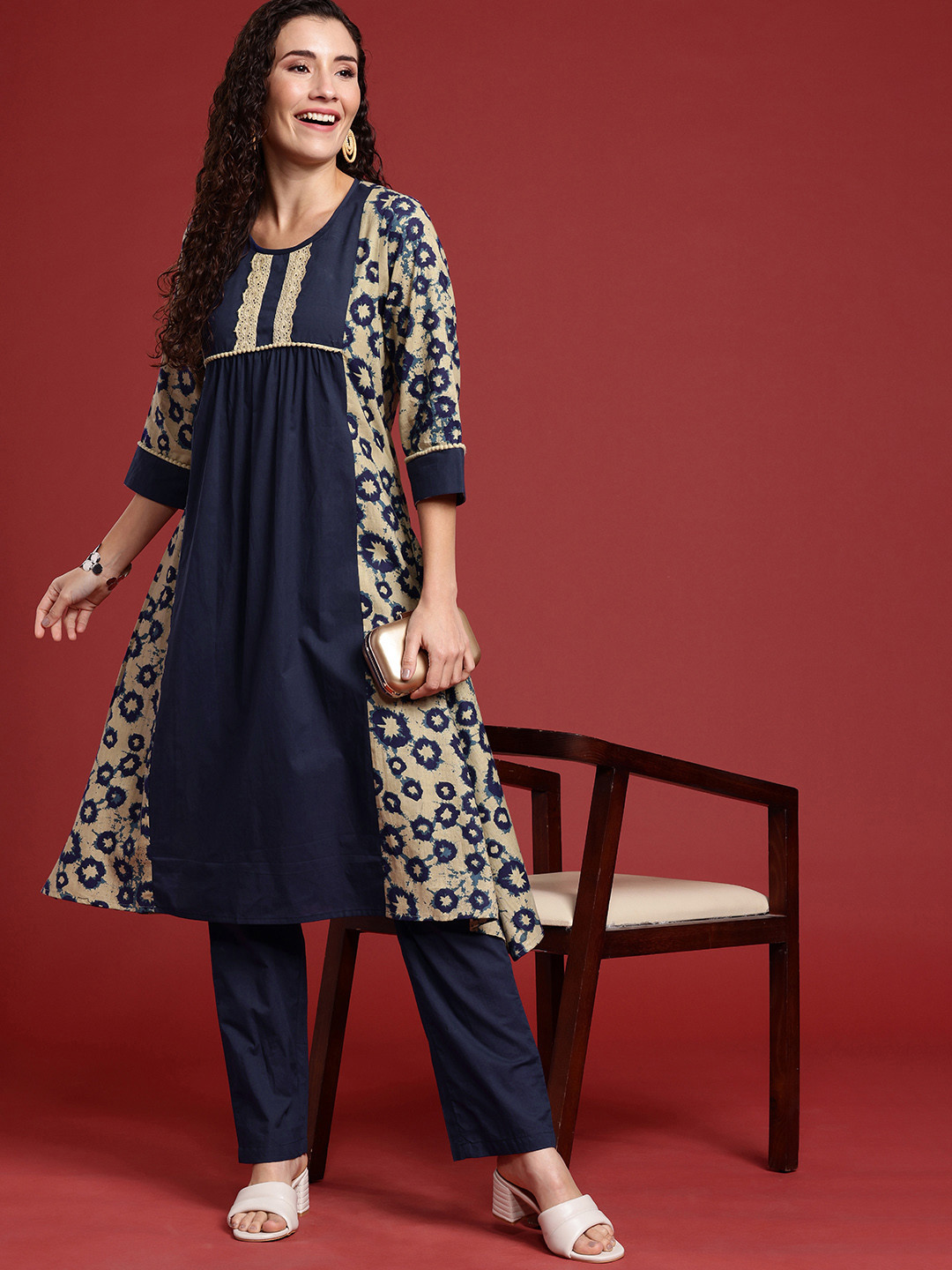 

Anouk Printed Pure Cotton Kurta with Trousers, Beige