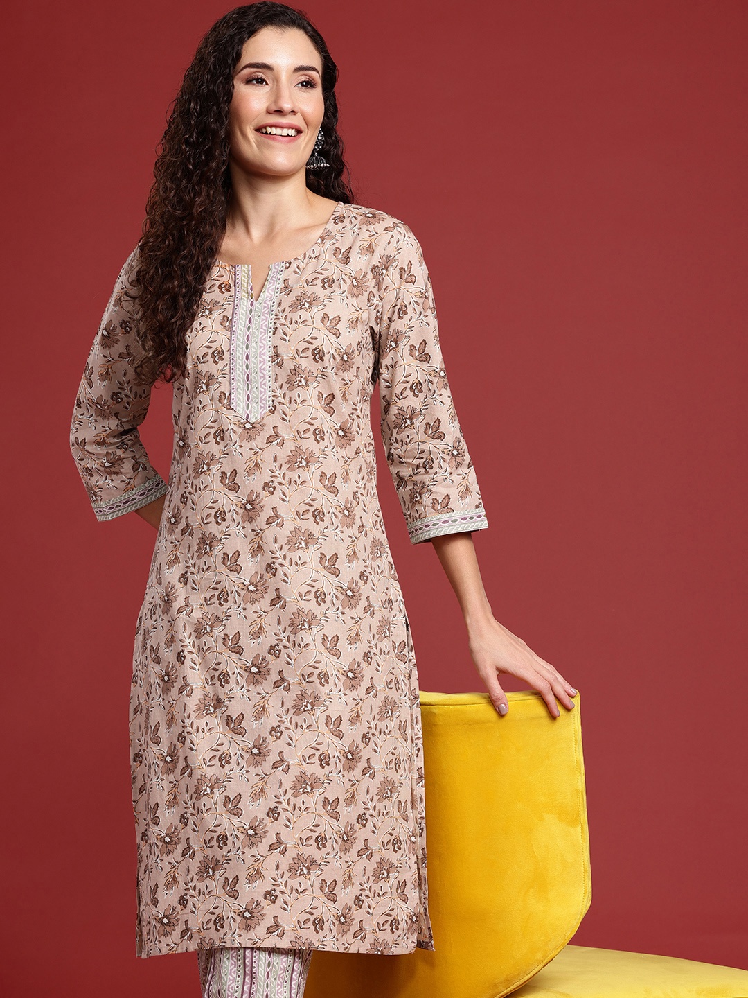 

Anouk Floral Printed Pure Cotton Kurta with Trousers, Beige