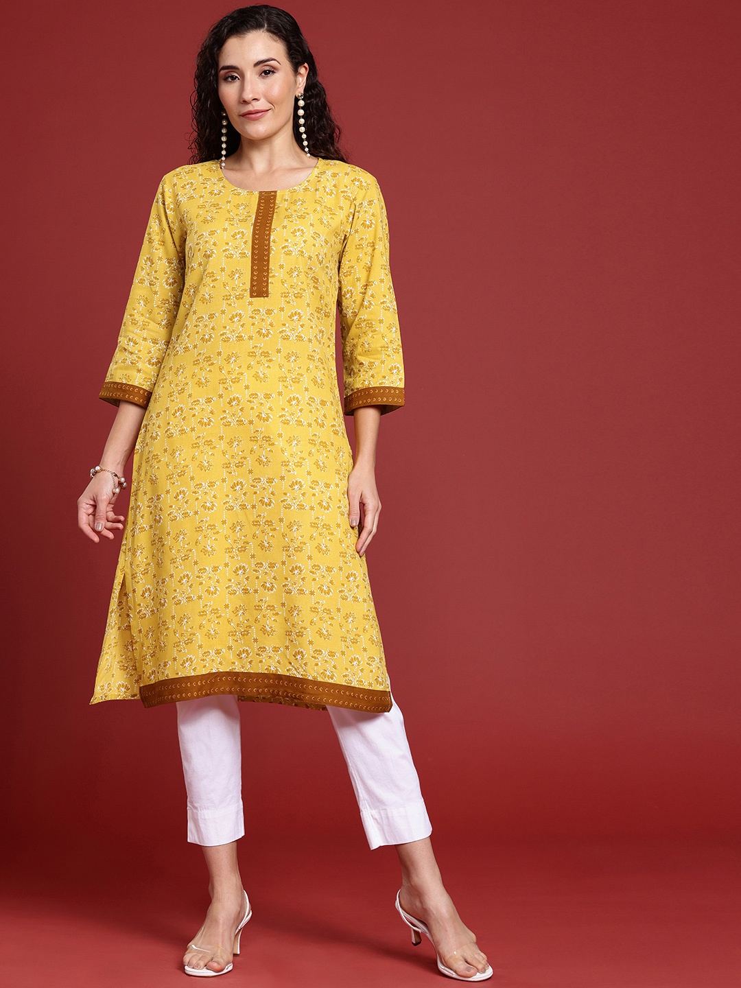 Anouk Women Floral Printed Straight Kurta, Yellow