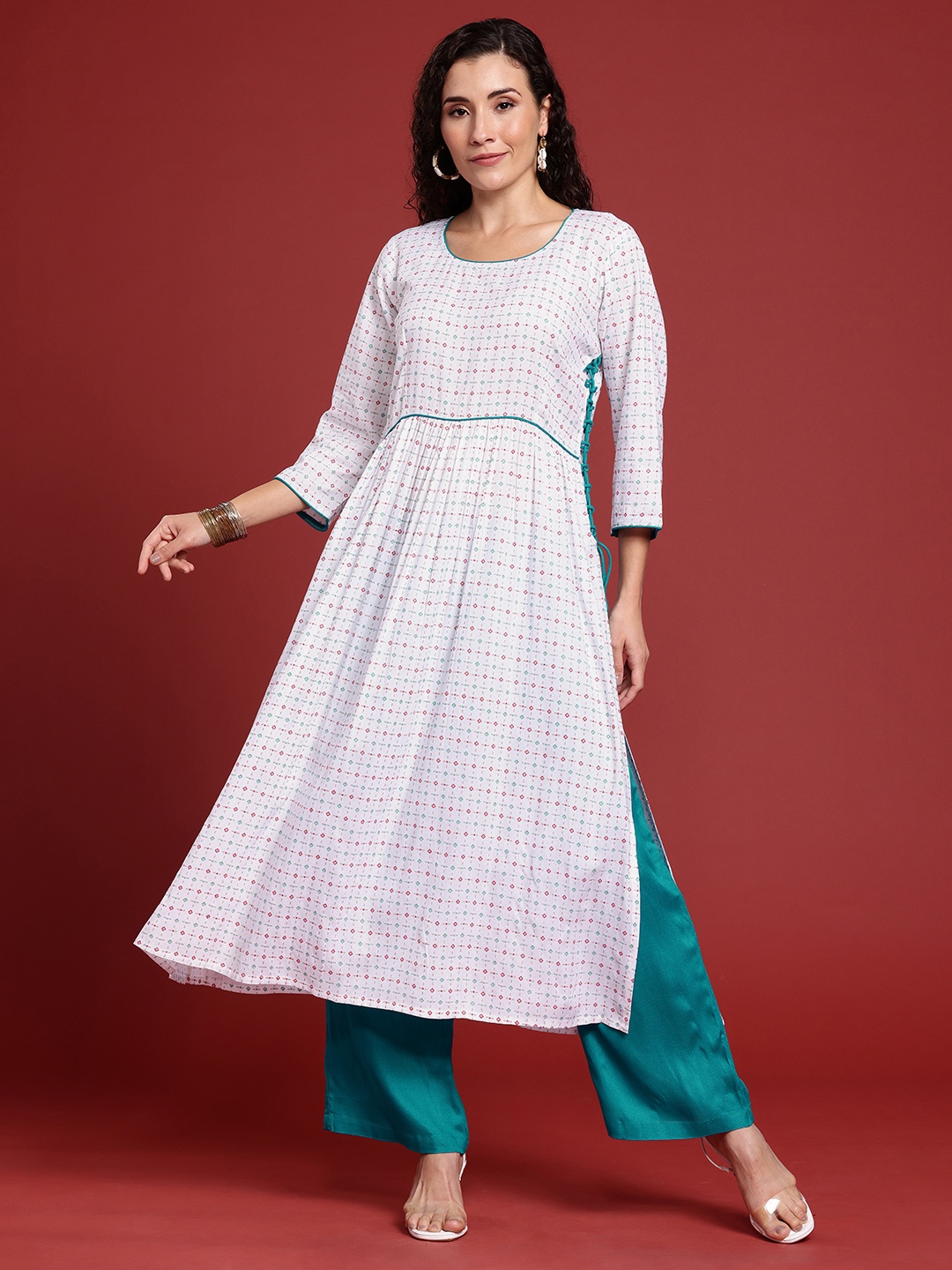 

Anouk Printed Pleated Kurta with Palazzos, White