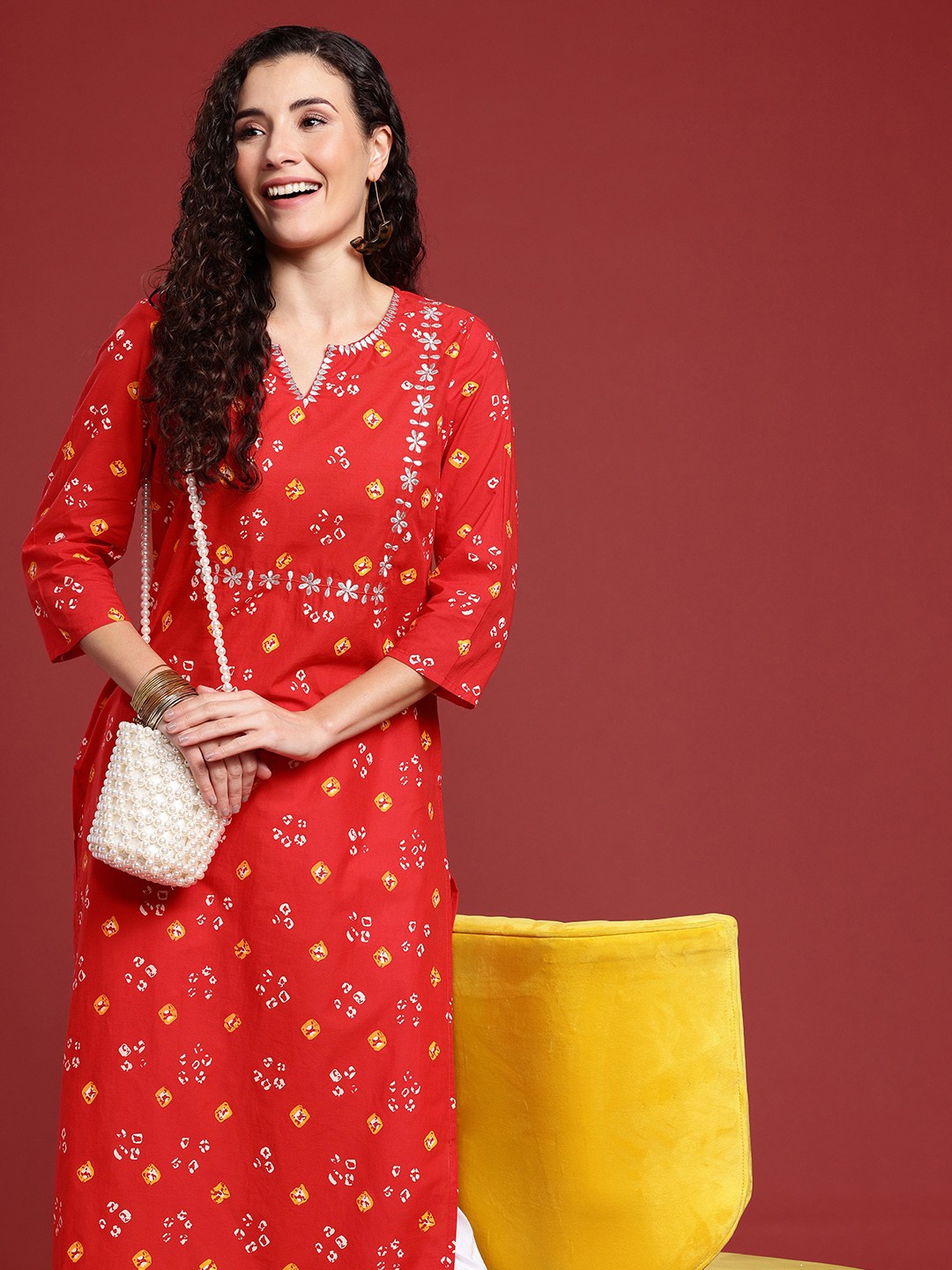 

Anouk Women Printed Thread Work Straight Kurta, Red