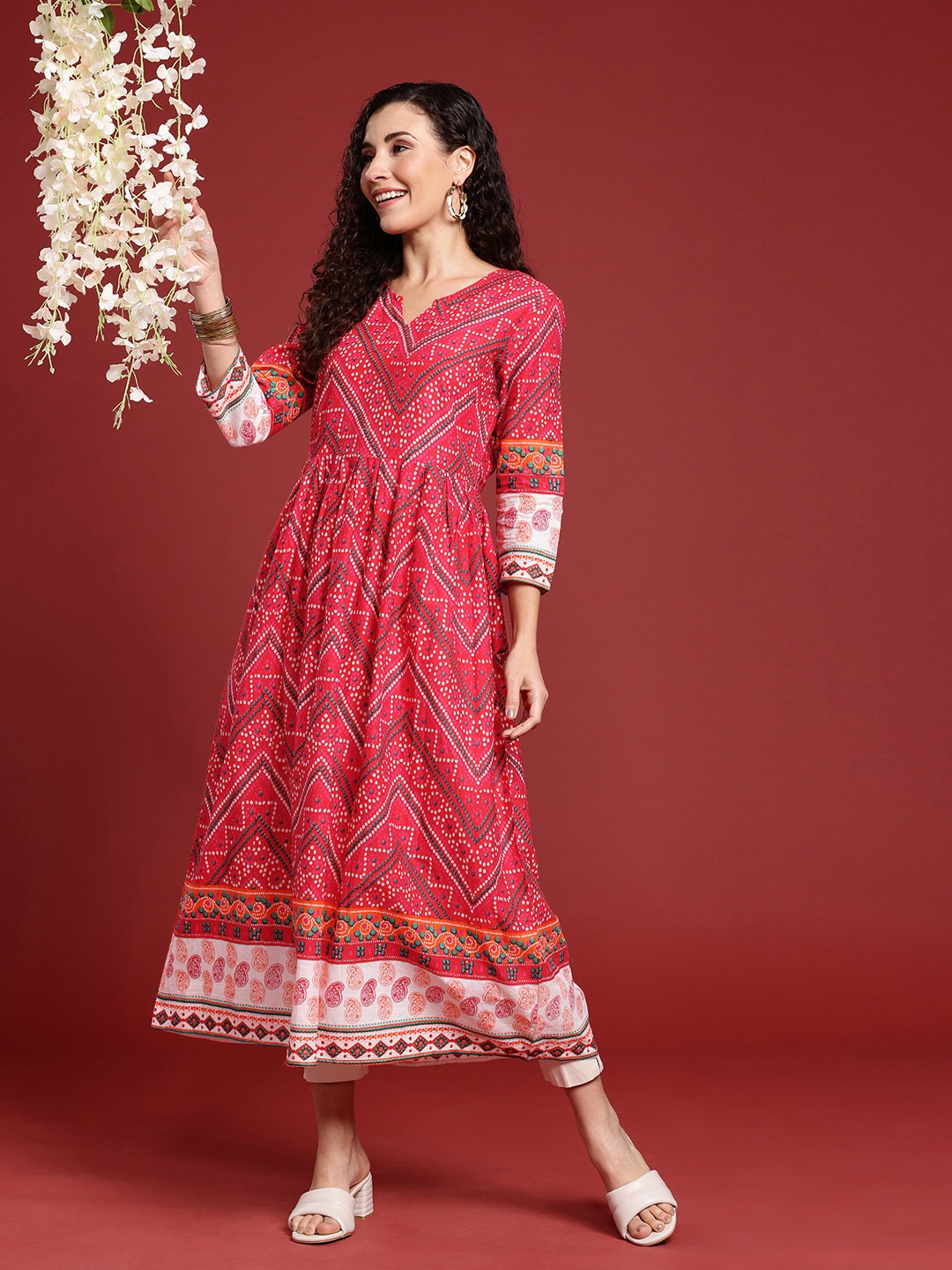 

Anouk Women Bandhani Printed Anarkali Kurta, Red