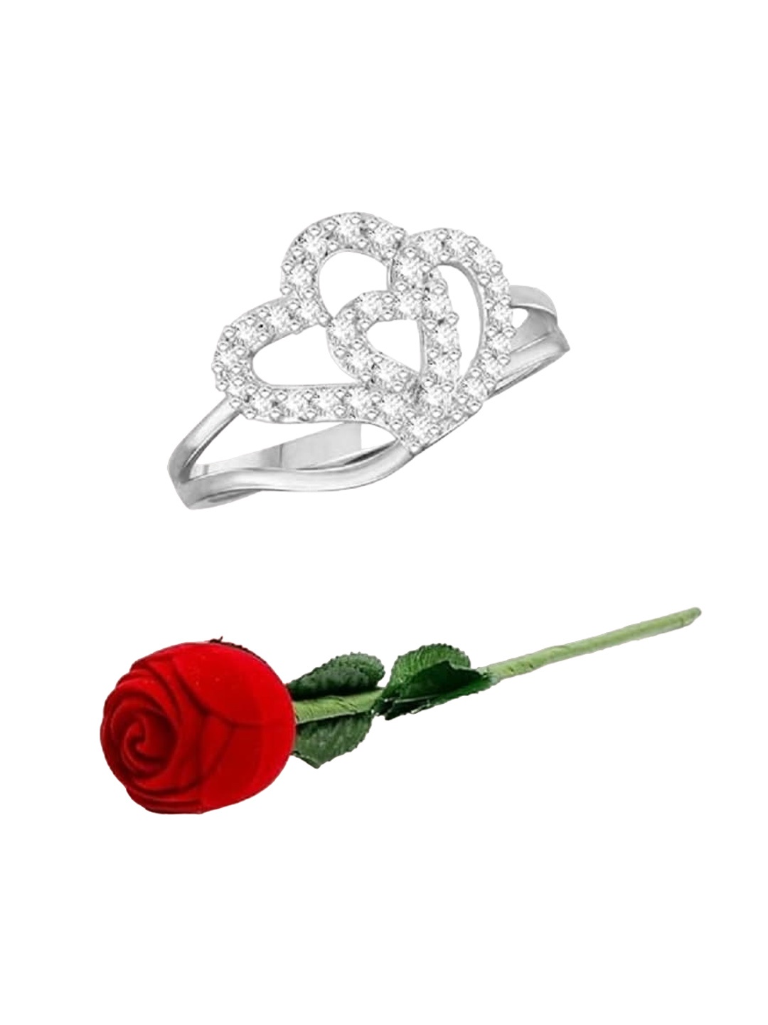 

Vighnaharta Rhodium-Plated Cubic Zirconia-Studded Finger Ring With Rose Box, Silver