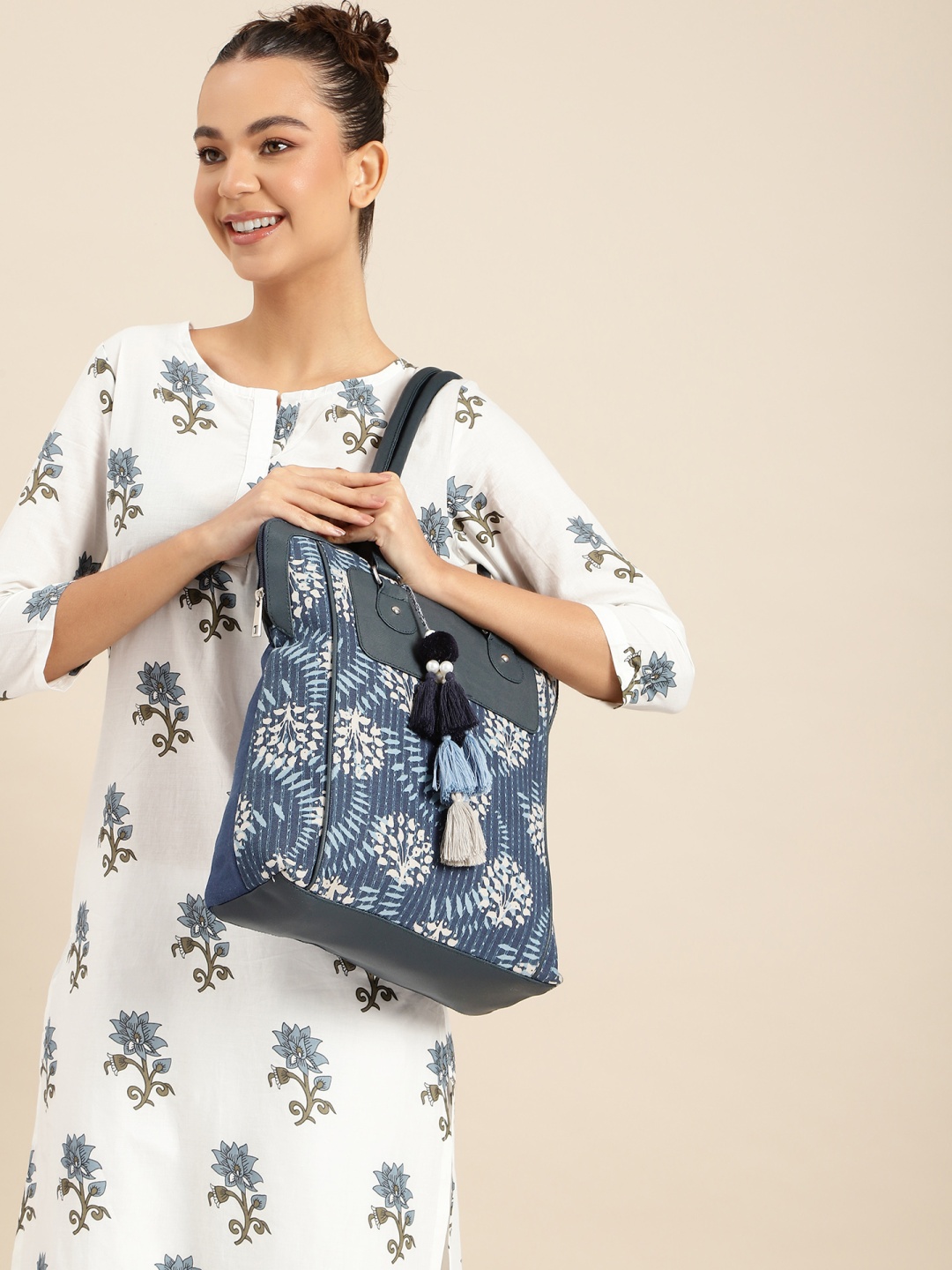 

Anouk Floral Printed Structured Tote Bag with Tasselled, Navy blue