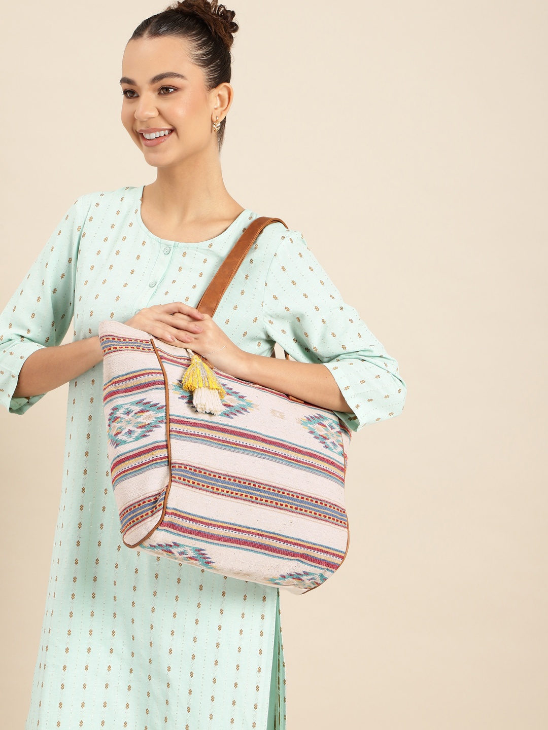 

Anouk Geometric Shopper Tote Bag with Tasselled, Multi