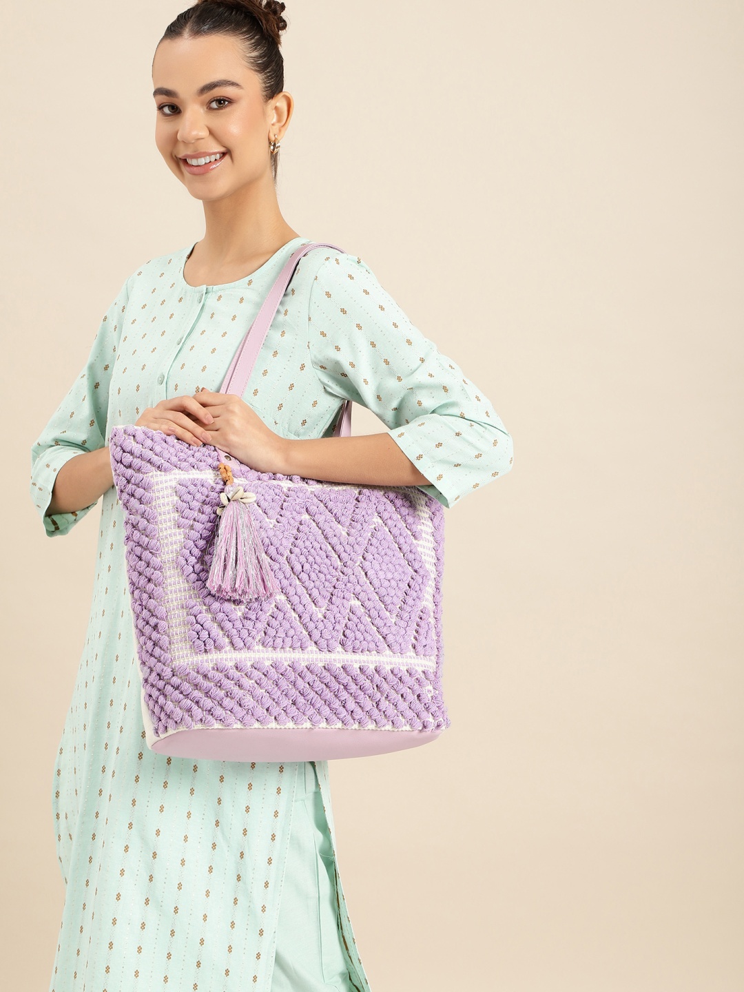 

Anouk Textured Shopper Tote Bag with Tasselled, Purple