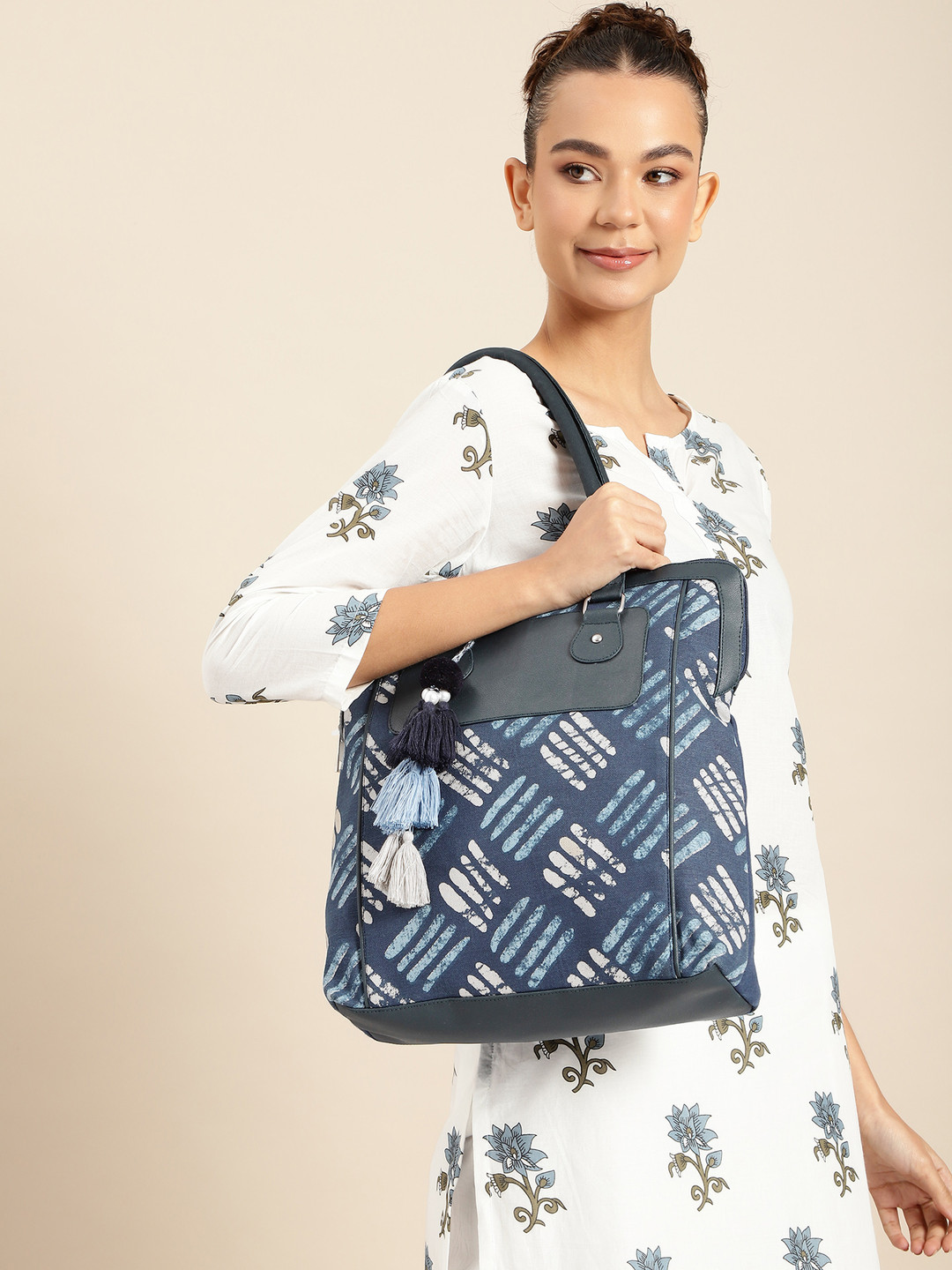 

Anouk Printed Oversized Shopper Tote Bag with Tasselled, Navy blue