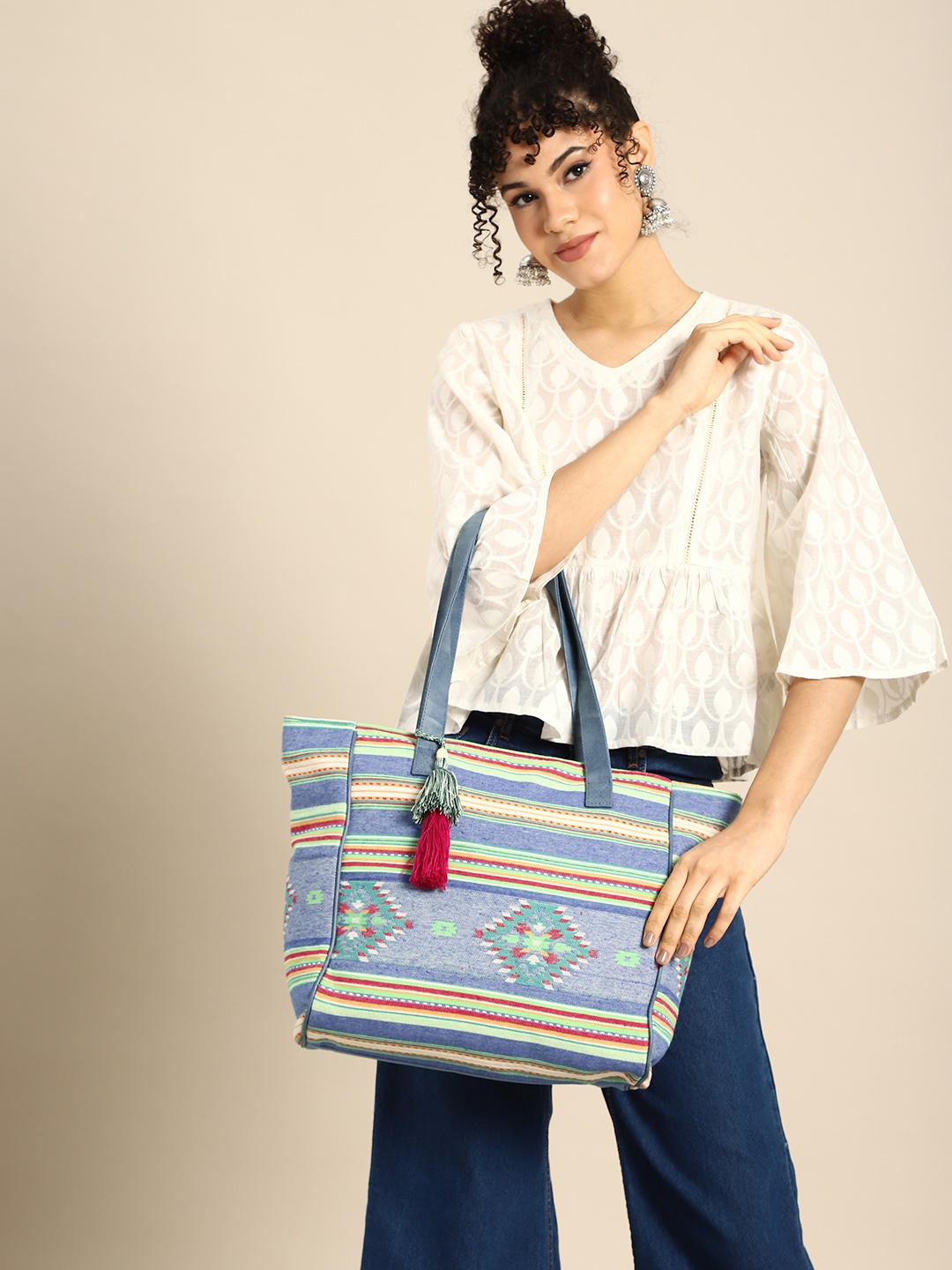 

Anouk Striped Oversized Shopper Shoulder Bag with Tasselled, Blue