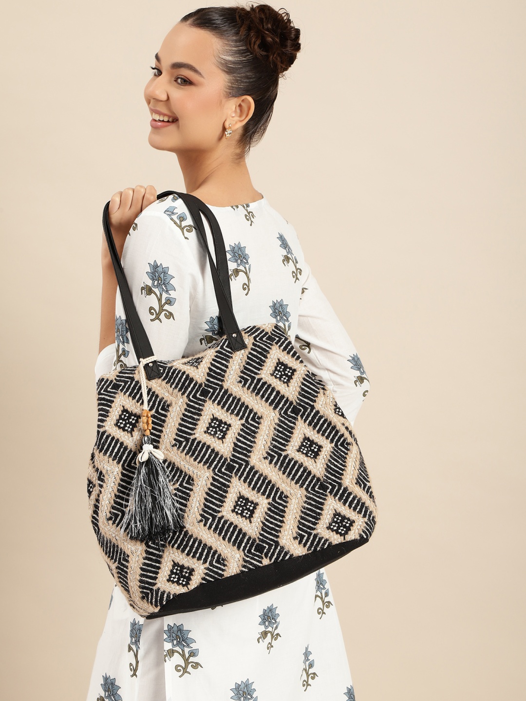 

Anouk Geometric Textured Structured Hobo Bag, Black
