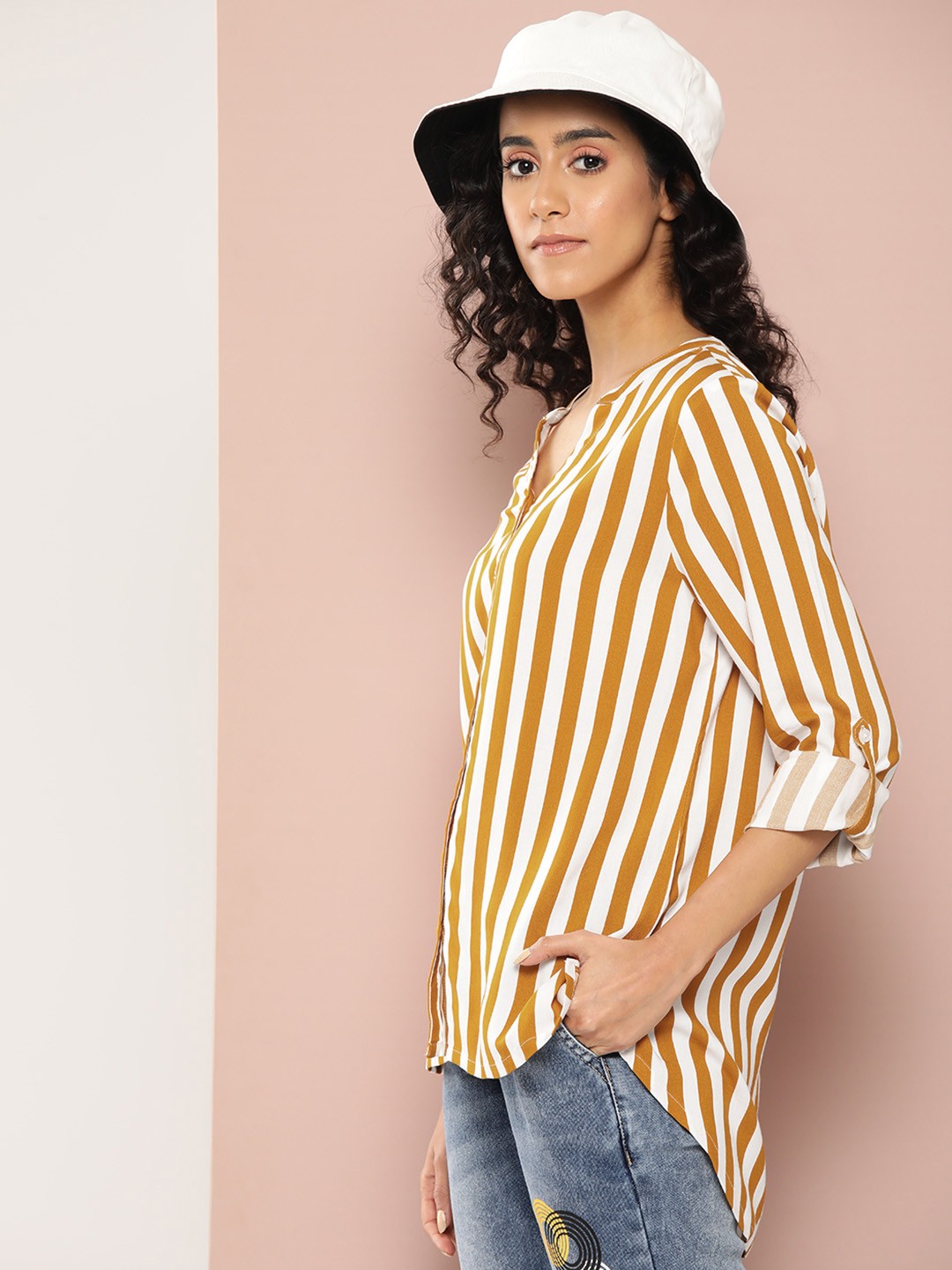 

Harvard Striped Mandarin Collar Roll-Up Sleeves Casual Shirt, Mustard