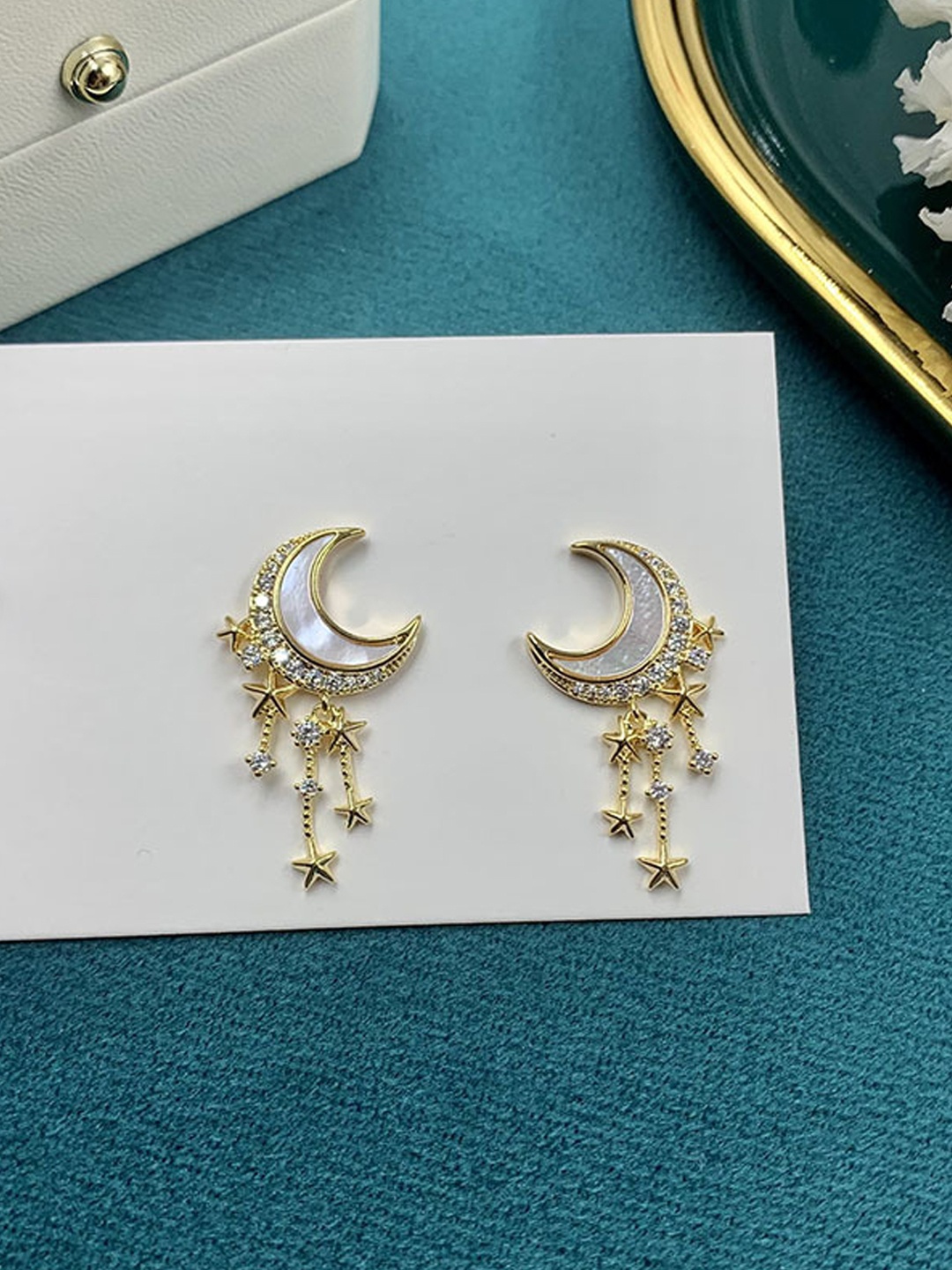 

Krelin Gold-Plated Stainless Steel Stones Studded Crescent Shaped Drop Earrings