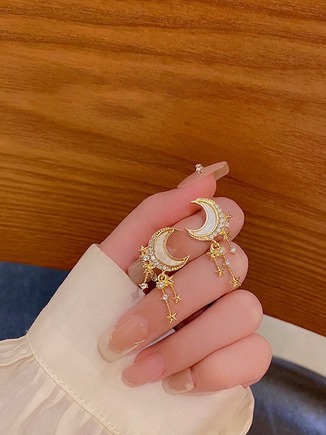 

Krelin Gold-Plated Stainless Steel Stones Studded Crescent Shaped Drop Earrings