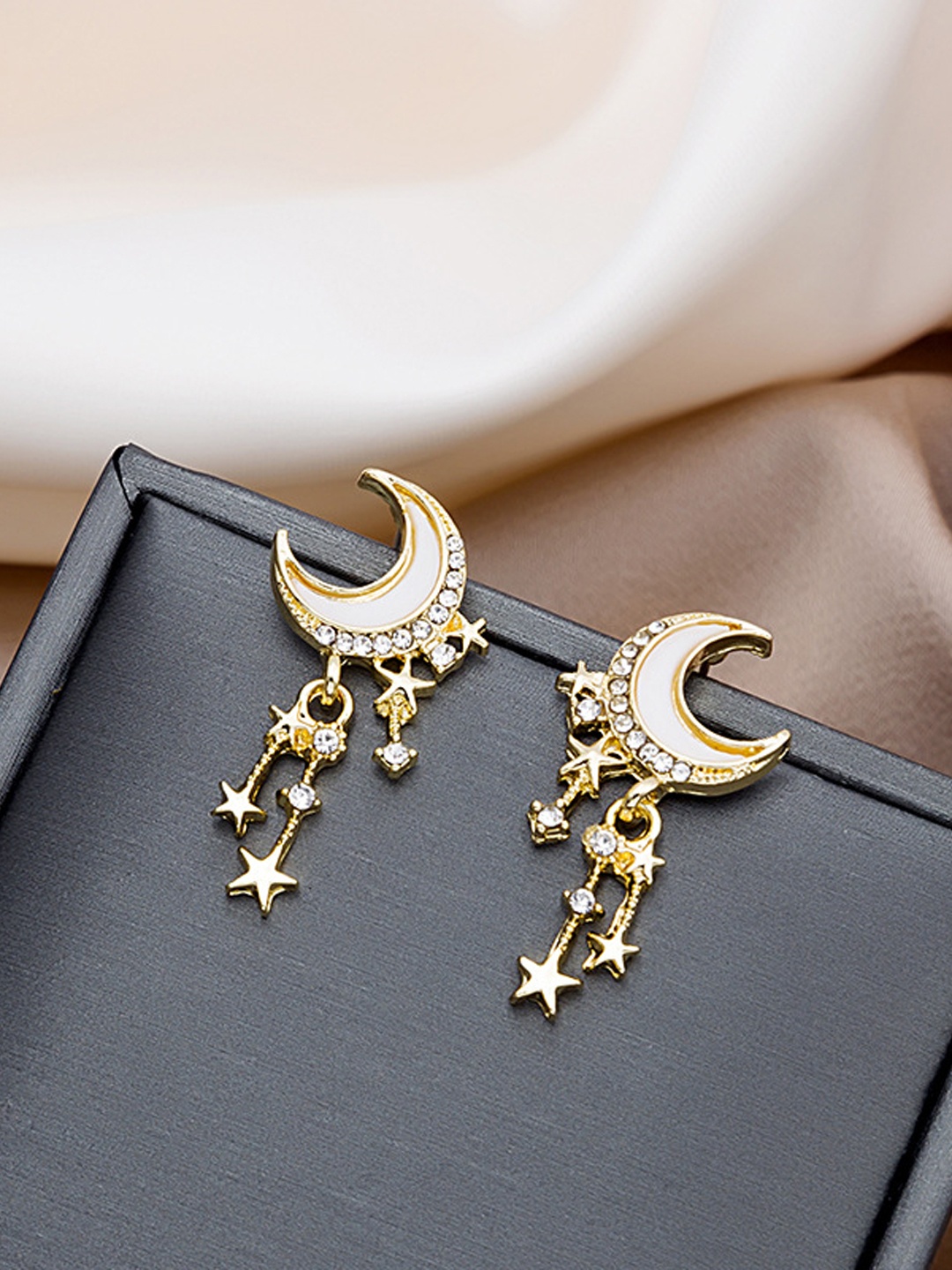 

Krelin Gold-Plated Stainless Steel Stones Studded Crescent Shaped Drop Earrings