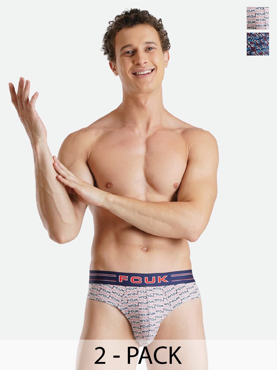 

FCUK Pack Of 2 Printed Moisture Wicking Antimicrobial Cotton Briefs-BRI-B-02-NVY-GRYAOP, Navy blue