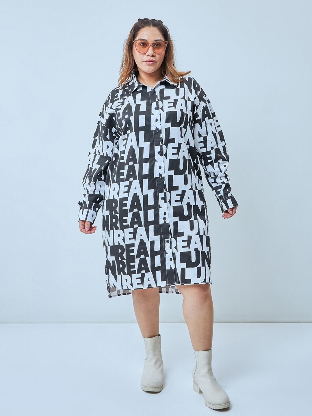 

Bewakoof Plus Typography Printed Cuffed Sleeves Cotton Oversized Shirt Dress, Black