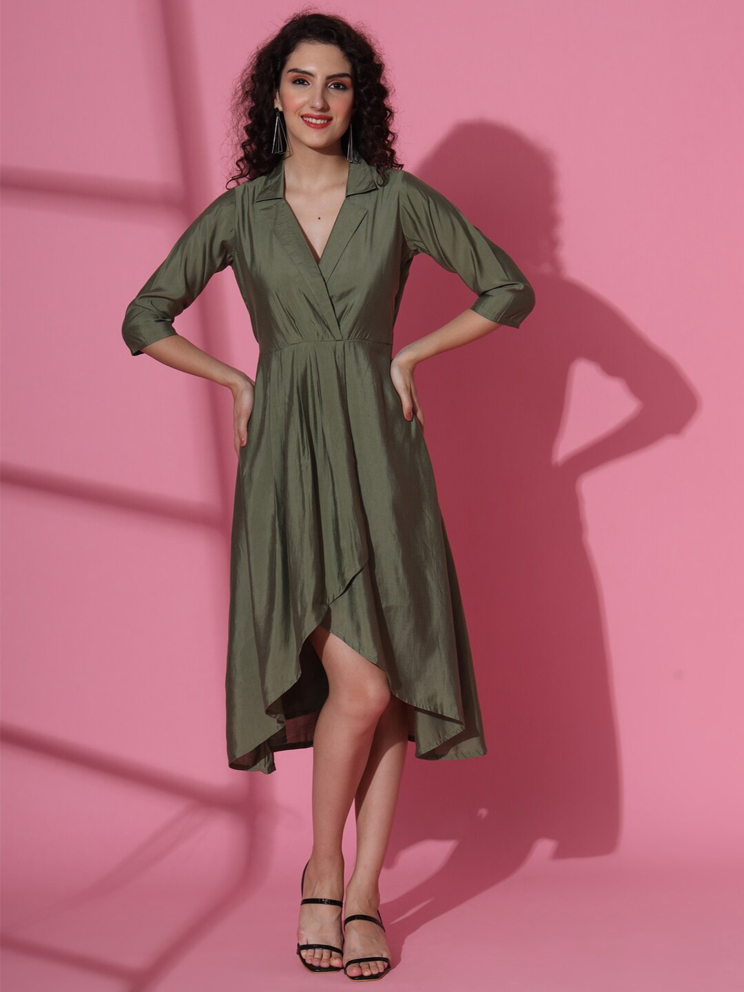 

Suktam Trendz Shirt Collar Regular Sleeves Wrap Dress, Olive