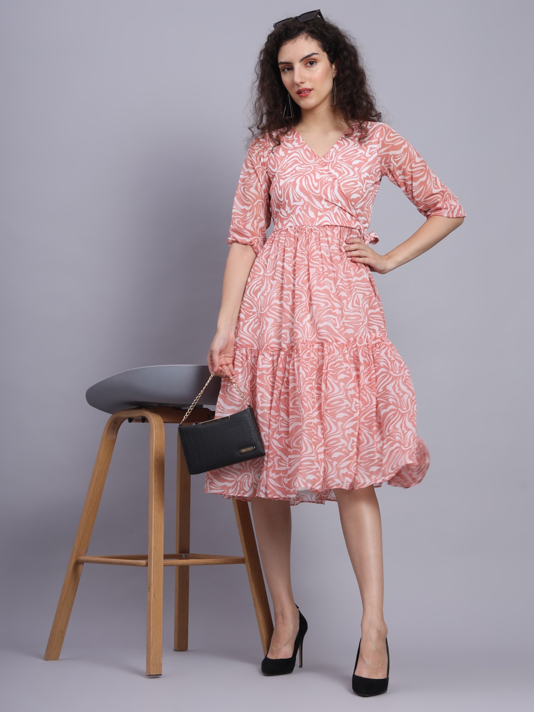

Suktam Trendz Floral Printed V-Neck Georgette Fit & Flare Dress, Pink