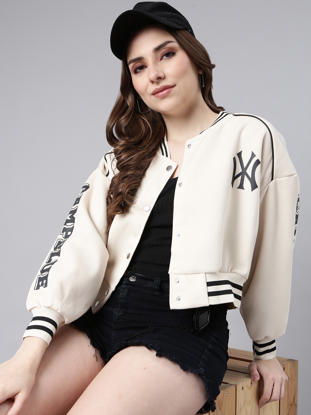 

SHOWOFF Typography Printed Windcheater Cotton Crop Varsity Jacket, Cream