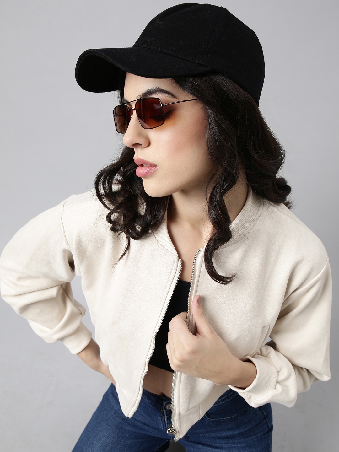 

SHOWOFF Stand Collar Windcheater Crop Bomber Jacket, Cream