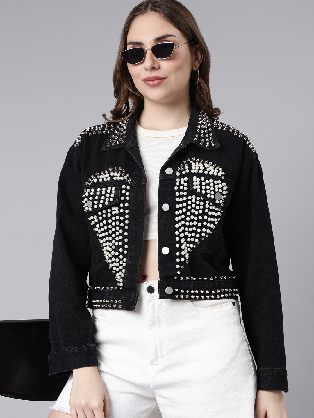 

SHOWOFF Embellished Windcheater Denim Crop Biker Jacket, Black