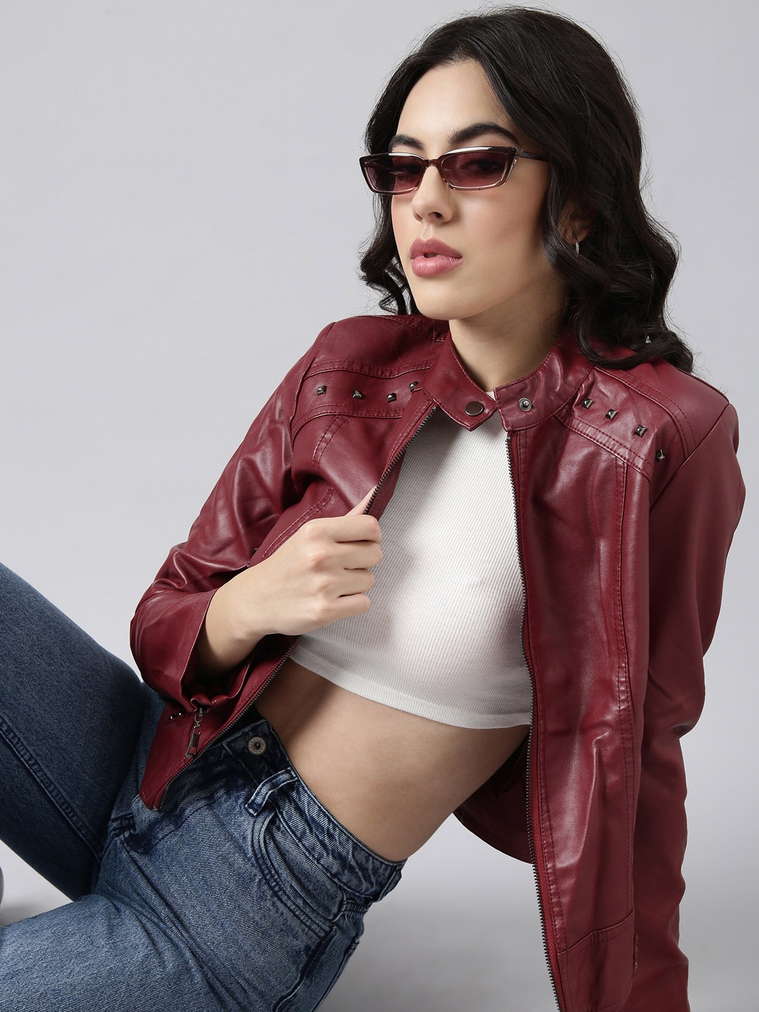 

SHOWOFF Windcheater Crop Biker Jacket, Maroon