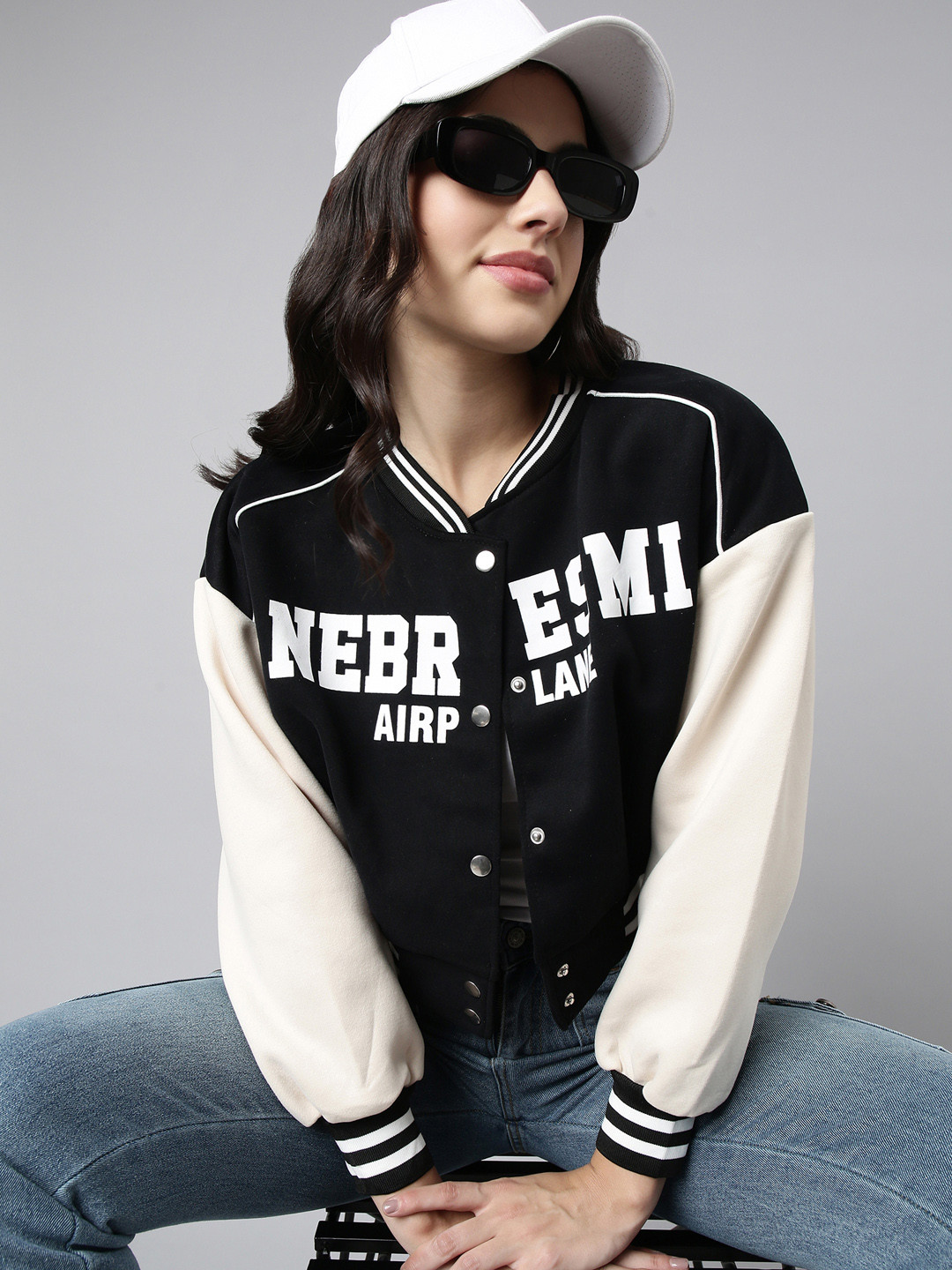 

SHOWOFF Typography Printed Windcheater Oversized Crop Cotton Varsity Jacket, Black