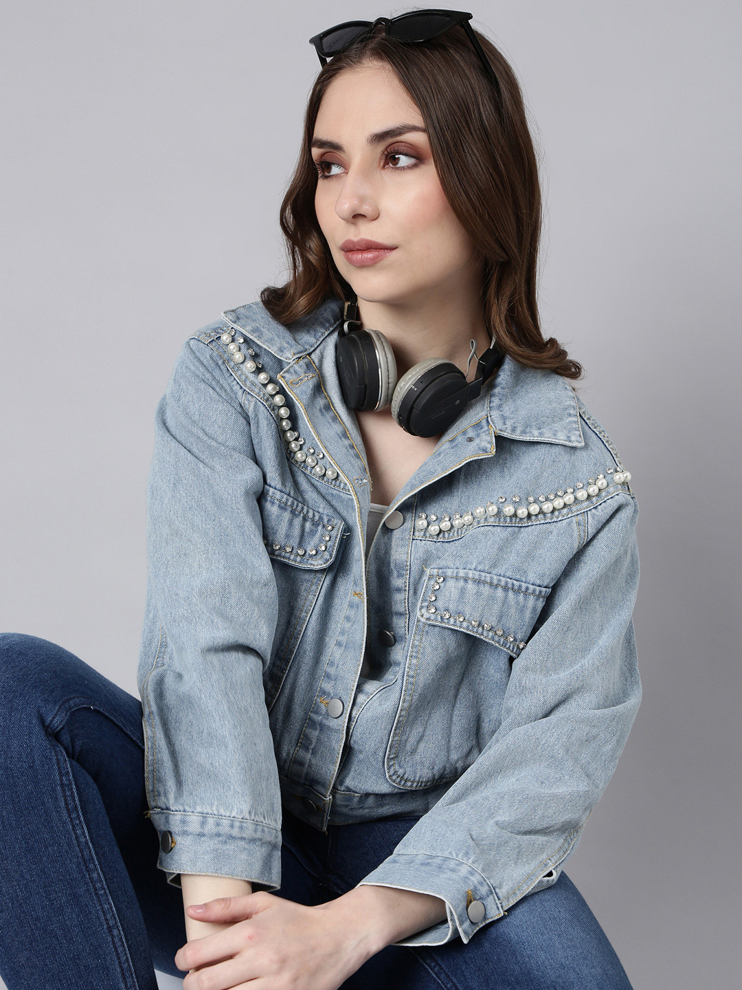 

SHOWOFF Washed Spread Collar Long Sleeves Windcheater Crop Denim Jacket, Blue