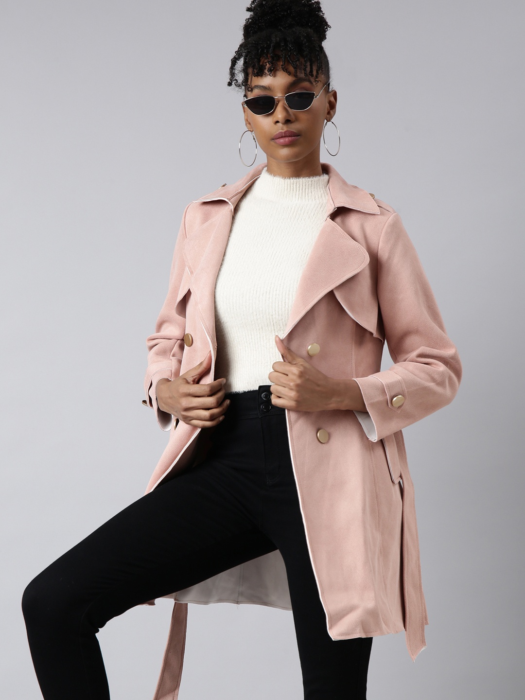 

SHOWOFF Lapel Collar Windcheater Longline Open Front Jacket With Belt, Peach