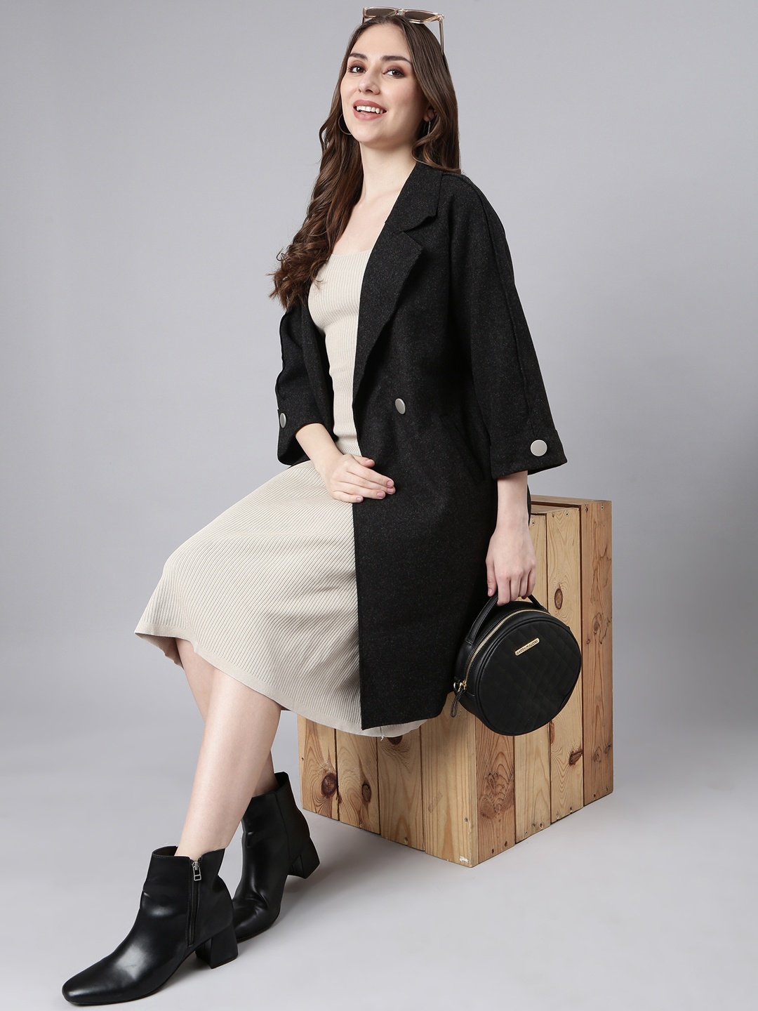 

SHOWOFF Solid Notched Lapel Knee Length Overcoat, Charcoal